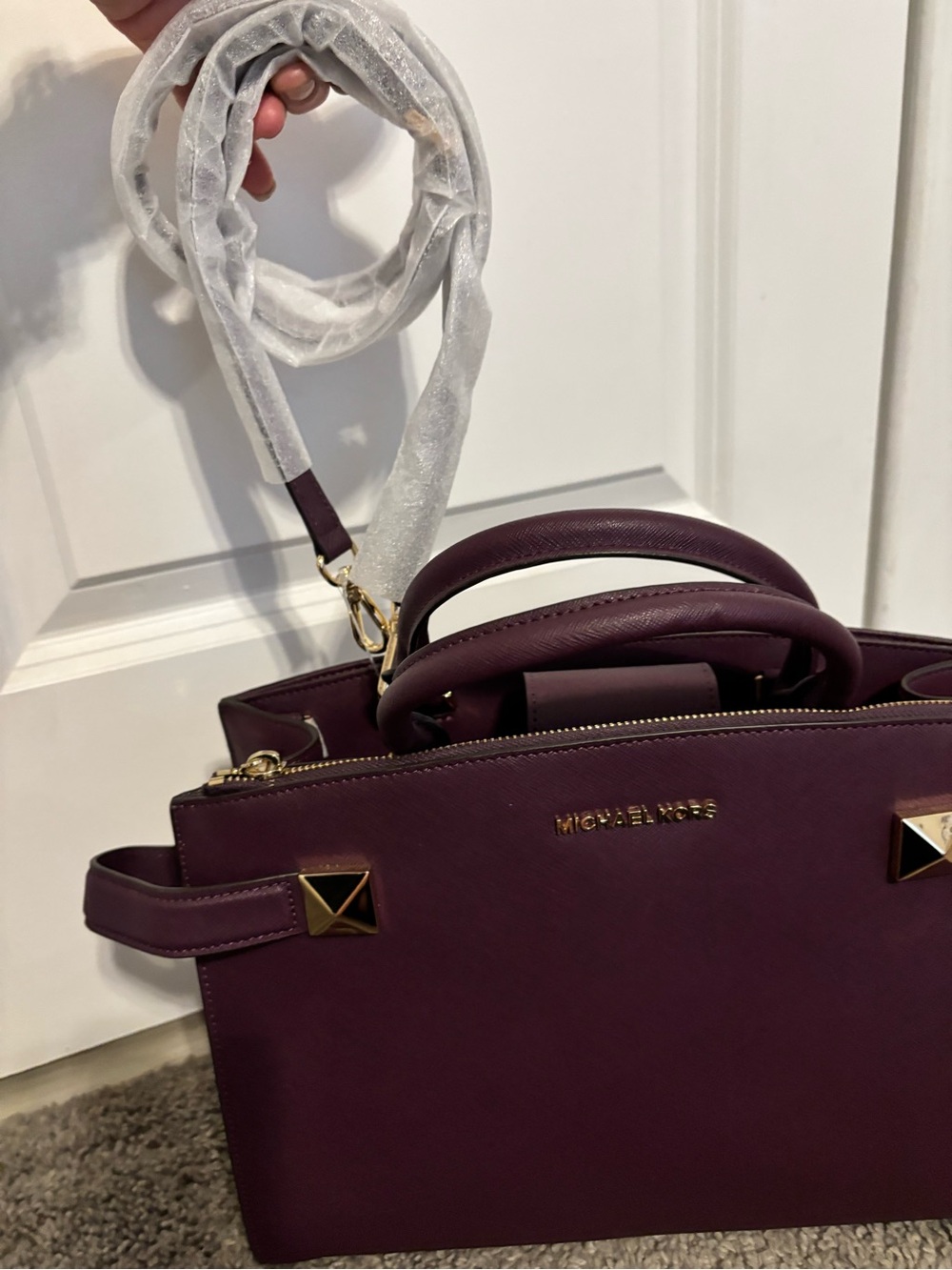 Michael Kors Plum Karla Saffiano Satchel with Gold Hardware Brand NWTs - Picture 13 of 13